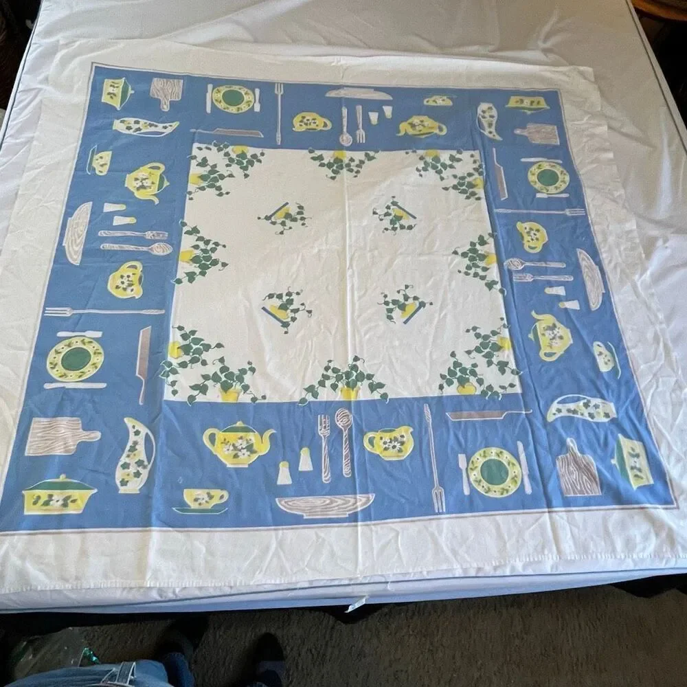 VTG Blue Yellow Kitchen Tablecloth 44x58 Teapot Ivy Border Retro MCM Cotton